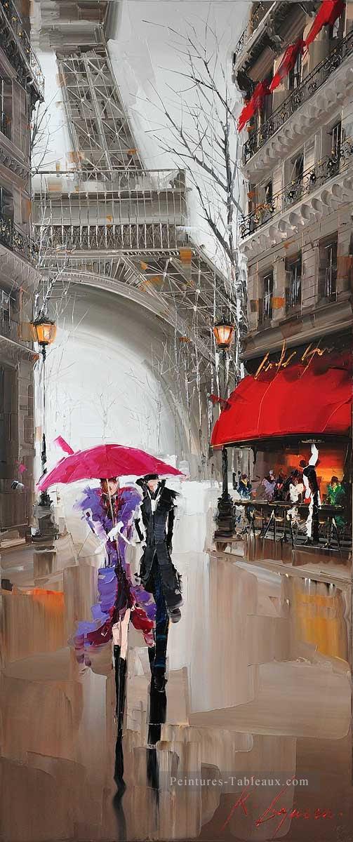 couple sous parapluie Effel Tower Kal Gajoum Paris Peintures à l'huile